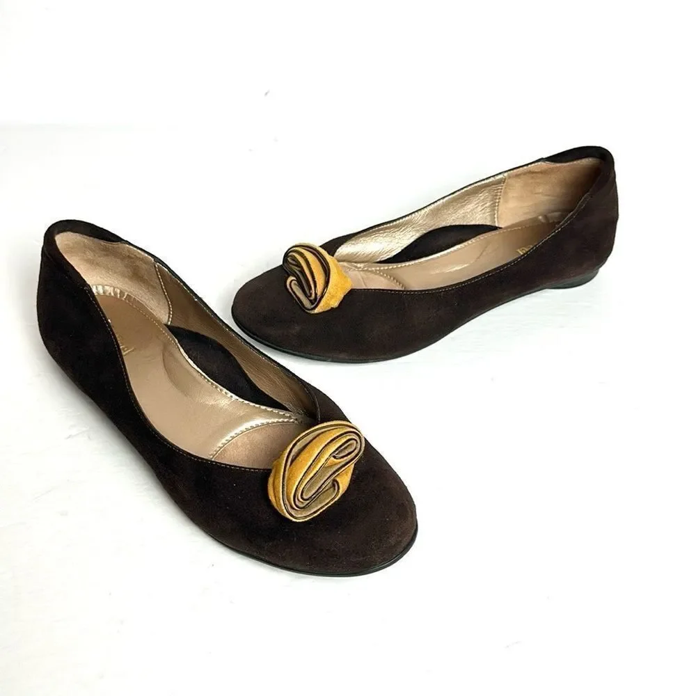BeautiFeel Chocolate Brown Suede Flats Shoes  Mustard Rosettes size 38 US 7-7,5